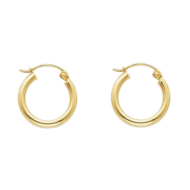 14K Yellow Gold 2mm Polished Round Tube Hoop Earrings - 15mm