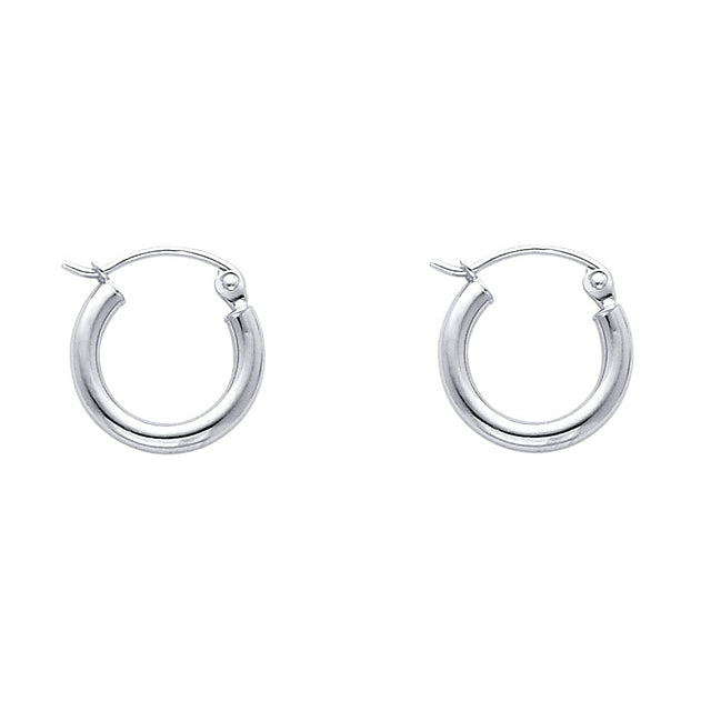 14K White Gold 2mm Polished Round Tube Hoop Earrings - 12mm