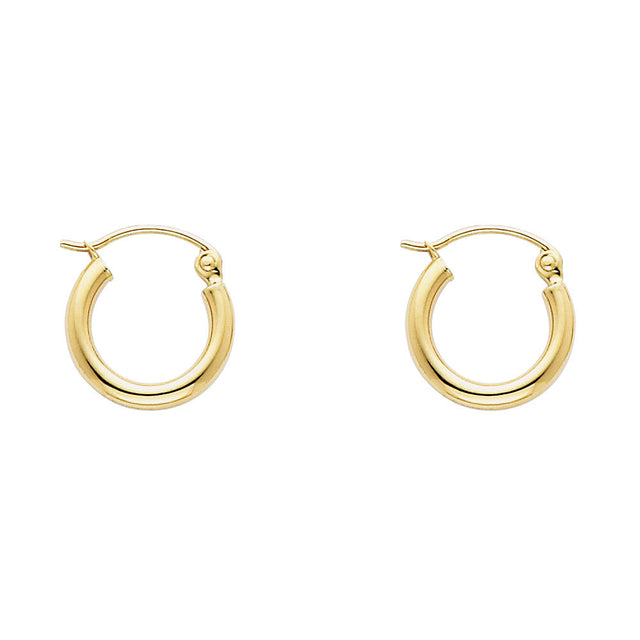 14K Yellow Gold 2mm Polished Round Tube Hoop Earrings - 12mm