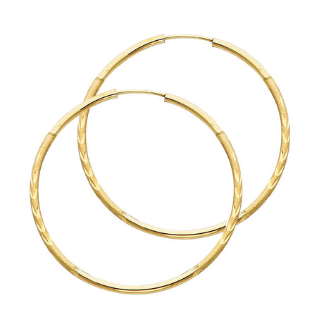 14K Yellow Gold Diamond-Cut 1.5mm Endless Hoop Earrings 38mm on White Background