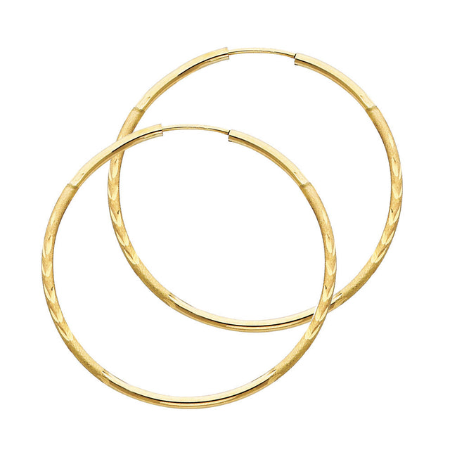 14K Yellow Gold Diamond-Cut 1.5mm Endless Hoop Earrings 38mm on White Background
