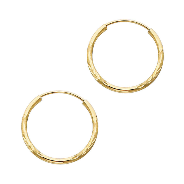 14K Yellow Gold Diamond-Cut 1.5mm Endless Hoop Earrings 19mm on White Background