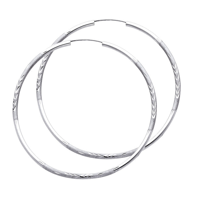 14K White Gold Diamond-Cut 2mm Endless Hoop Earrings 60mm on White Background