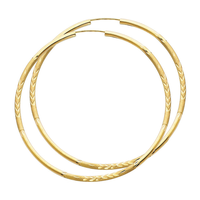 14K Yellow Gold Diamond-Cut 2mm Endless Hoop Earrings 60mm on White Background