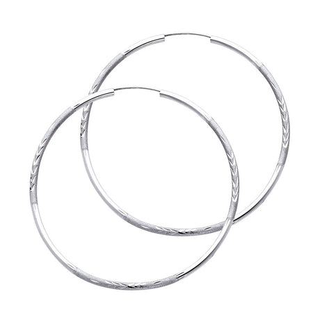 14K White Gold Diamond-Cut 2mm Endless Hoop Earrings 50mm on White Background