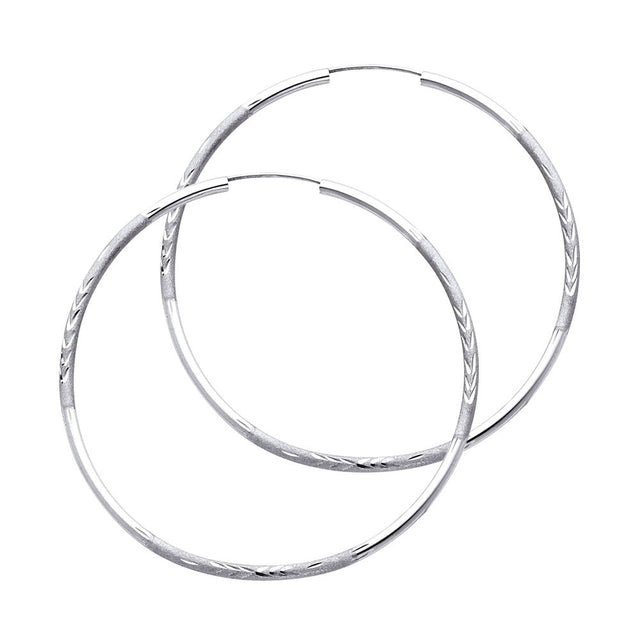 14K White Gold Diamond-Cut 2mm Endless Hoop Earrings 50mm on White Background