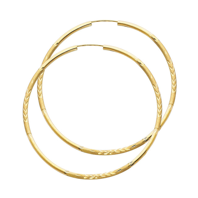 14K Yellow Gold Diamond-Cut 2mm Endless Hoop Earrings 50mm on White Background