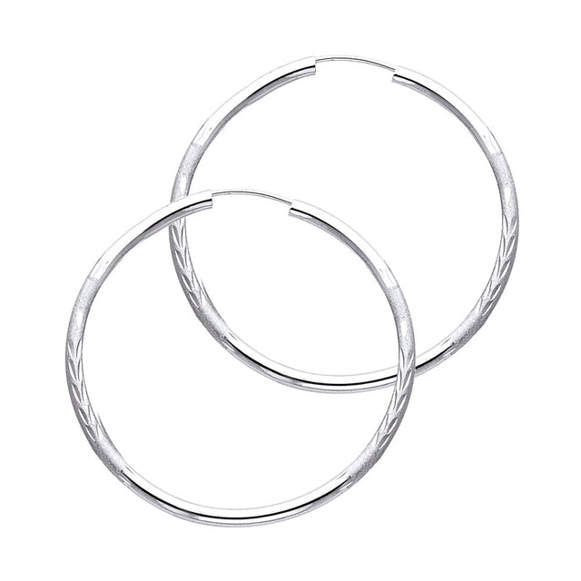 14K White Gold Diamond-Cut 2mm Endless Hoop Earrings 40mm on White Background