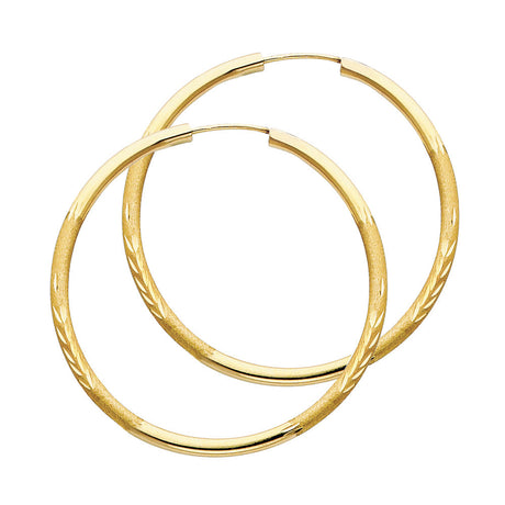 14K Yellow Gold Diamond-Cut 2mm Endless Hoop Earrings 40mm on White Background