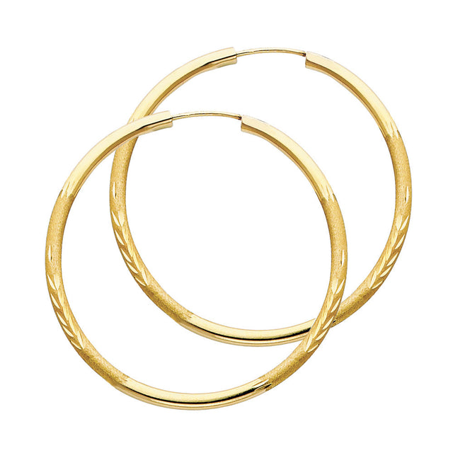 14K Yellow Gold Diamond-Cut 2mm Endless Hoop Earrings 40mm on White Background
