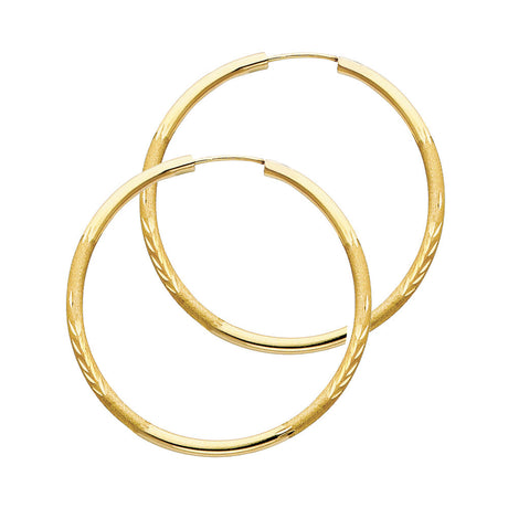 14K Yellow Gold Diamond-Cut 2mm Endless Hoop Earrings 30mm on White Background
