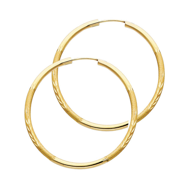14K Yellow Gold Diamond-Cut 2mm Endless Hoop Earrings 30mm on White Background