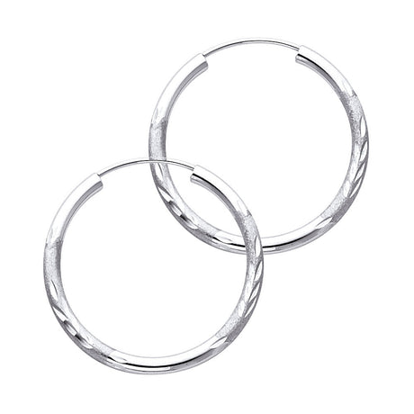 14K White Gold Diamond-Cut 2mm Endless Hoop Earrings 25mm on White Background