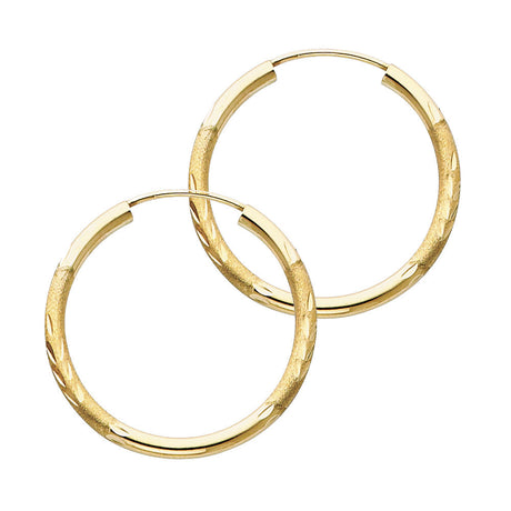 14K Yellow Gold Diamond-Cut 2mm Endless Hoop Earrings 25mm on White Background