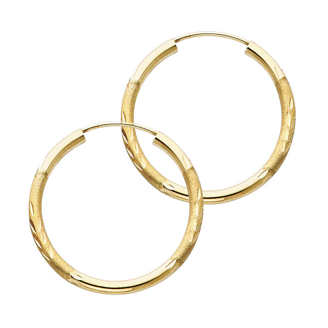 14K Yellow Gold Diamond-Cut 2mm Endless Hoop Earrings 25mm on White Background