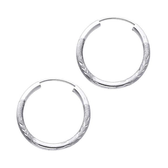 14K White Gold Diamond-Cut 2mm Endless Hoop Earrings 20mm on White Background