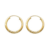 14K Yellow Gold Diamond-Cut 2mm Endless Hoop Earrings 17mm on White Background