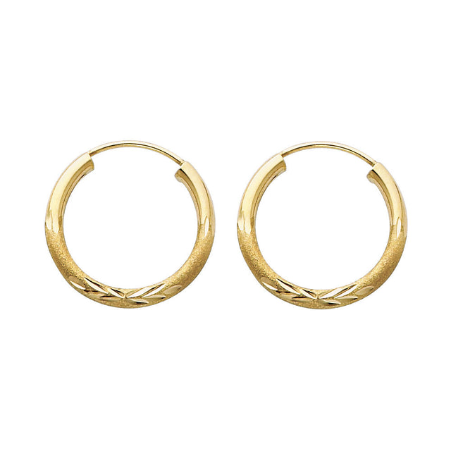14K Yellow Gold Diamond-Cut 2mm Endless Hoop Earrings 17mm on White Background