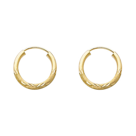 14K Yellow Gold Diamond-Cut 2mm Endless Hoop Earrings 15mm on White Background