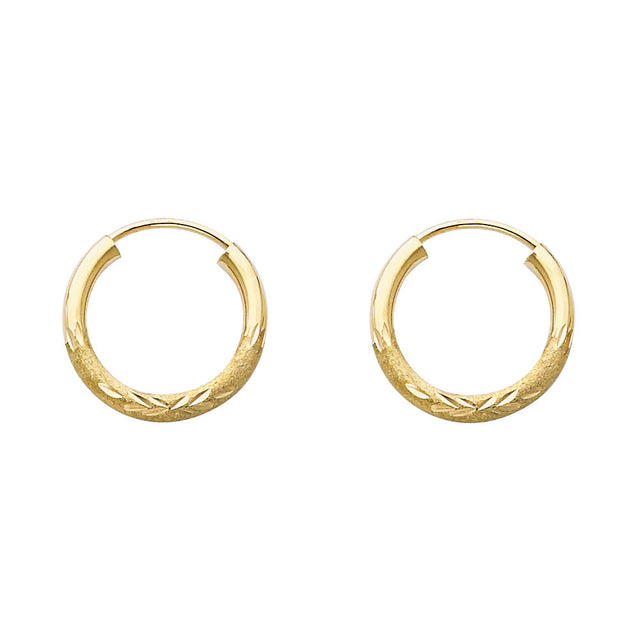 14K Yellow Gold Diamond-Cut 2mm Endless Hoop Earrings 15mm on White Background