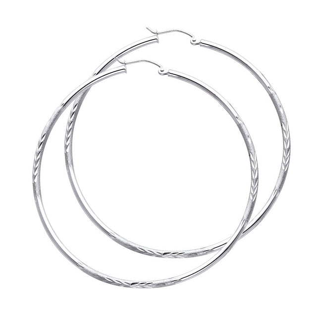 14K White Gold 2mm Diamond-Cut Round Tube Hoop Earrings - 65mm
