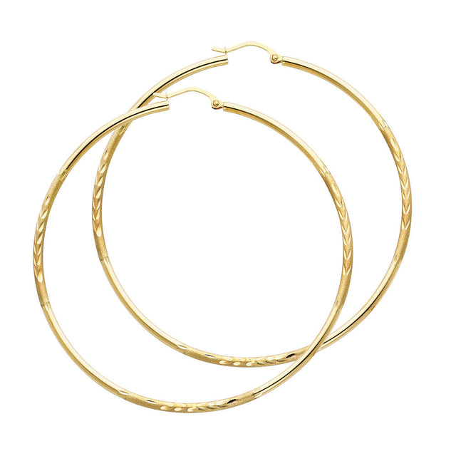 14K Yellow Gold 2mm Diamond-Cut Round Tube Hoop Earrings - 65mm