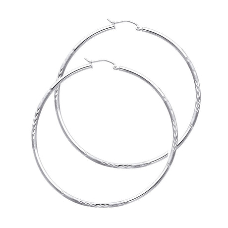 14K White Gold 2mm Diamond-Cut Round Tube Hoop Earrings - 55mm