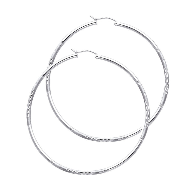 14K White Gold 2mm Diamond-Cut Round Tube Hoop Earrings - 55mm