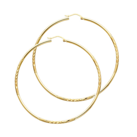 14K Yellow Gold 2mm Diamond-Cut Round Tube Hoop Earrings - 55mm