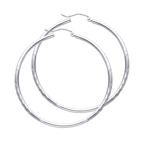 14K White Gold 2mm Diamond-Cut Round Tube Hoop Earrings - 45mm