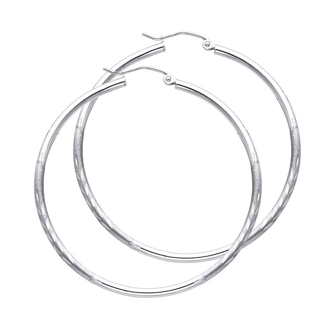 14K White Gold 2mm Diamond-Cut Round Tube Hoop Earrings - 45mm