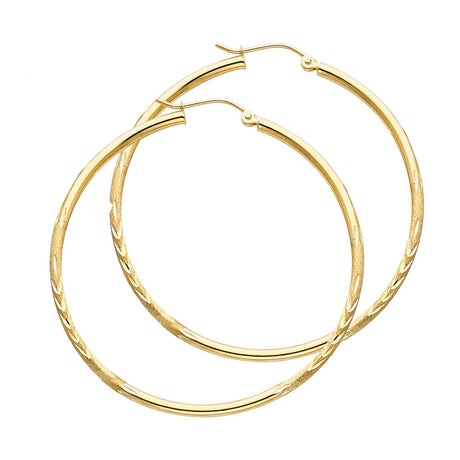 14K Yellow Gold 2mm Diamond-Cut Round Tube Hoop Earrings - 45mm