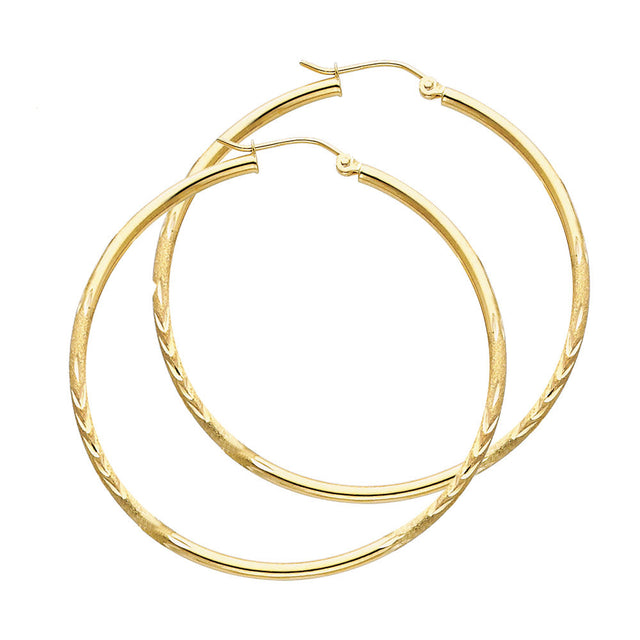 14K Yellow Gold 2mm Diamond-Cut Round Tube Hoop Earrings - 45mm