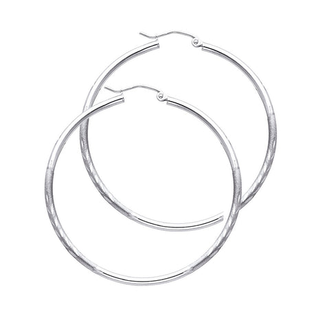 14K White Gold 2mm Diamond-Cut Round Tube Hoop Earrings - 35mm