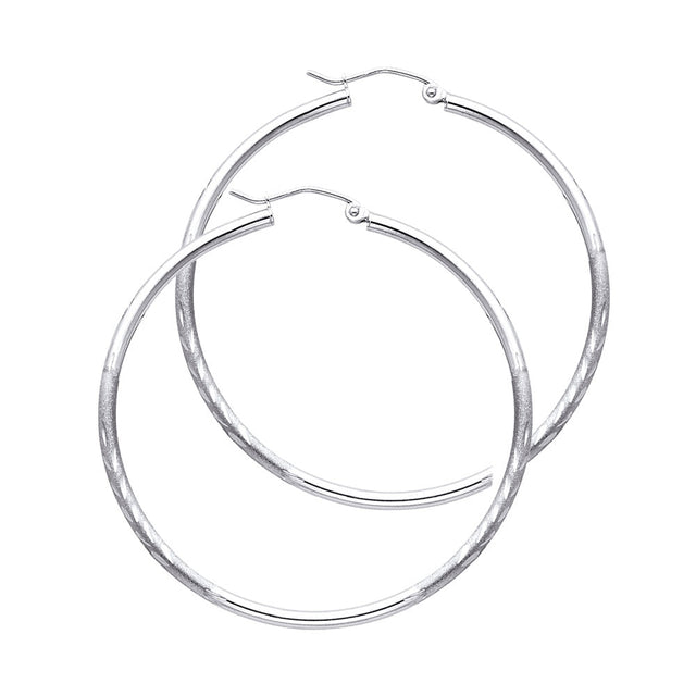 14K White Gold 2mm Diamond-Cut Round Tube Hoop Earrings - 35mm