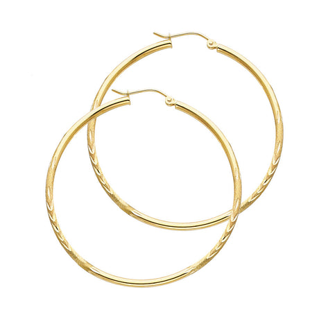 14K Yellow Gold 2mm Diamond-Cut Round Tube Hoop Earrings - 35mm