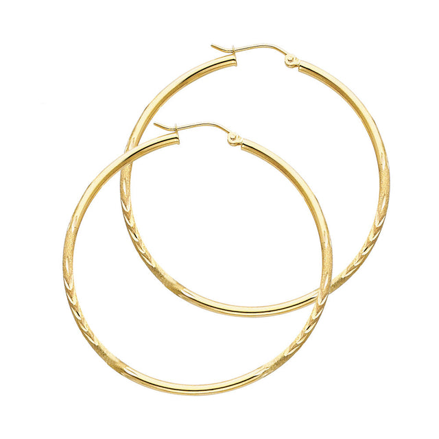 14K Yellow Gold 2mm Diamond-Cut Round Tube Hoop Earrings - 35mm