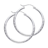 14K White Gold 2mm Diamond-Cut Round Tube Hoop Earrings - 30mm