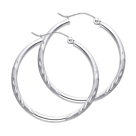 14K White Gold 2mm Diamond-Cut Round Tube Hoop Earrings - 30mm