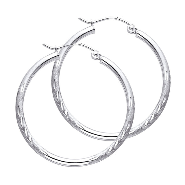 14K White Gold 2mm Diamond-Cut Round Tube Hoop Earrings - 30mm
