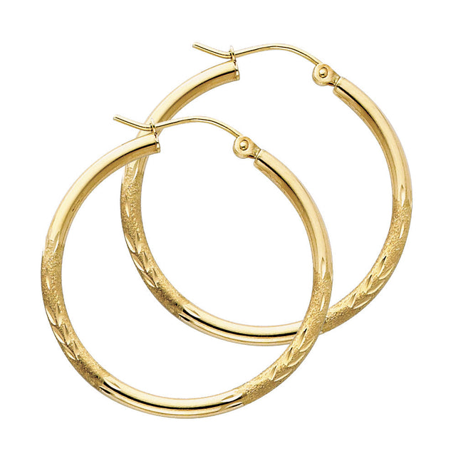 14K Yellow Gold 2mm Diamond-Cut Round Tube Hoop Earrings - 30mm