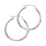 14K White Gold 2mm Diamond-Cut Round Tube Hoop Earrings - 25mm