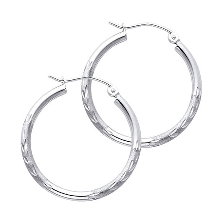 14K White Gold 2mm Diamond-Cut Round Tube Hoop Earrings - 25mm