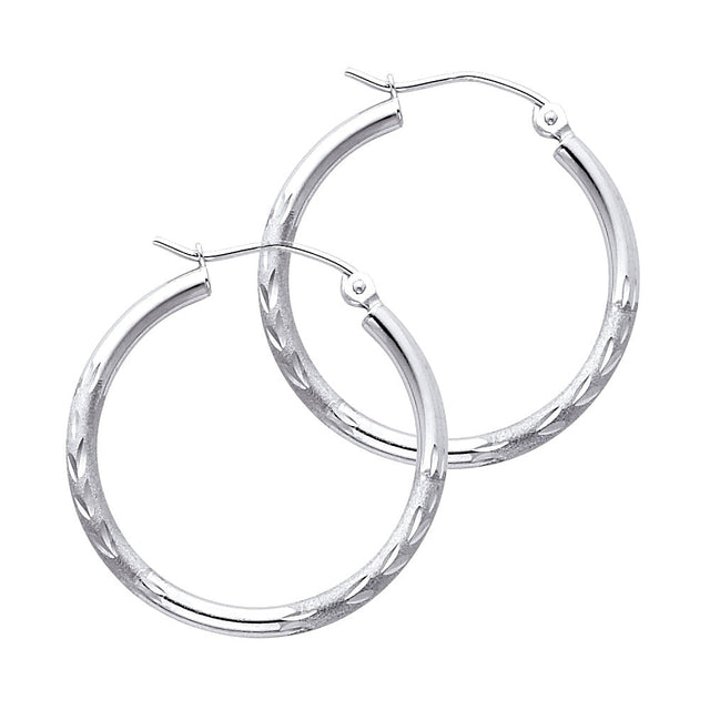 14K White Gold 2mm Diamond-Cut Round Tube Hoop Earrings - 25mm