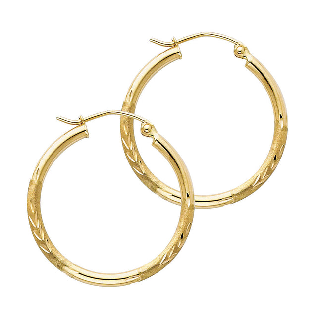 14K Yellow Gold 2mm Diamond-Cut Round Tube Hoop Earrings - 25mm