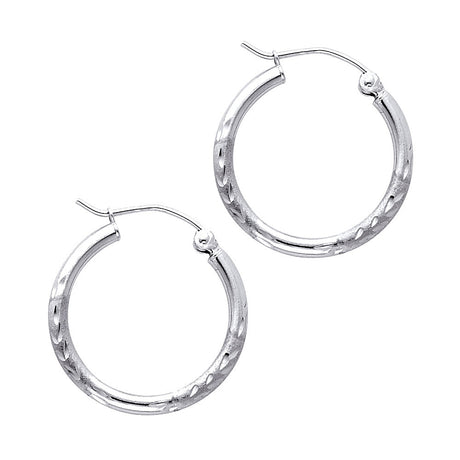 14K White Gold 2mm Diamond-Cut Round Tube Hoop Earrings - 20mm