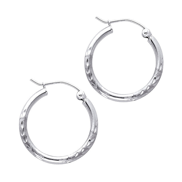 14K White Gold 2mm Diamond-Cut Round Tube Hoop Earrings - 20mm