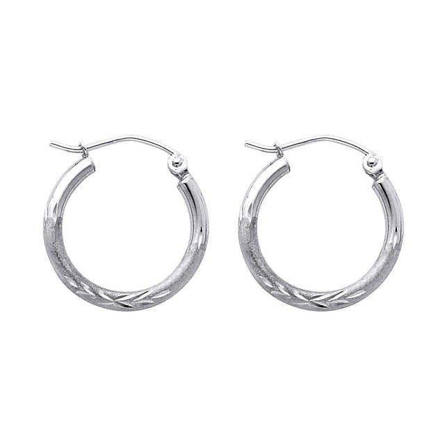 14K White Gold 2mm Diamond-Cut Round Tube Hoop Earrings - 17mm