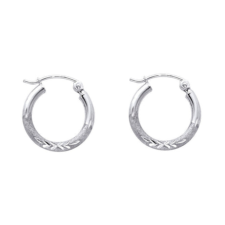14K White Gold 2mm Diamond-Cut Round Tube Hoop Earrings - 15mm
