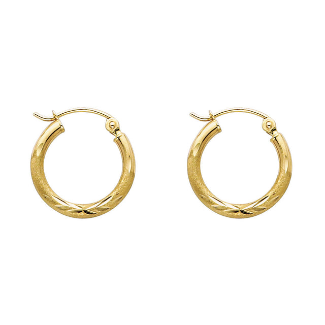 14K Yellow Gold 2mm Diamond-Cut Round Tube Hoop Earrings - 15mm